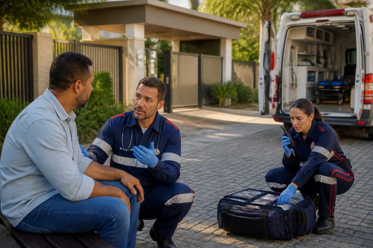 Equipe de atendimento emergencial auxilia um morador na entrada de um condomínio residencial protegido.