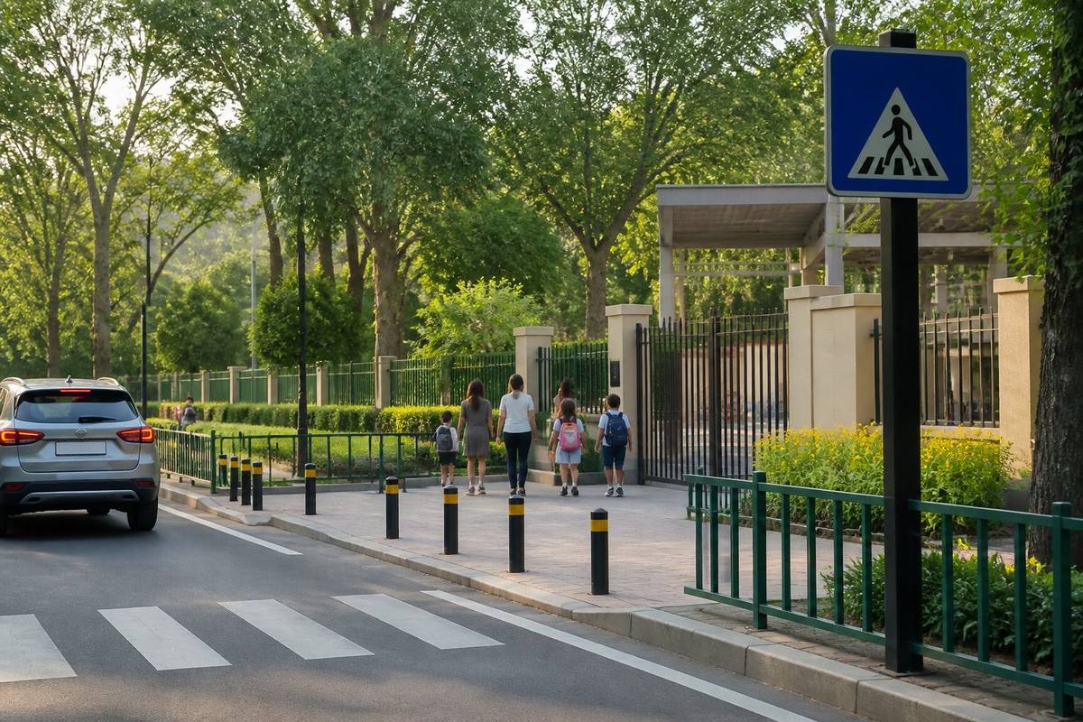 Entrada de uma escola com calçada, faixa de pedestres, cercas e estudantes acompanhados por adultos em uma área segura.