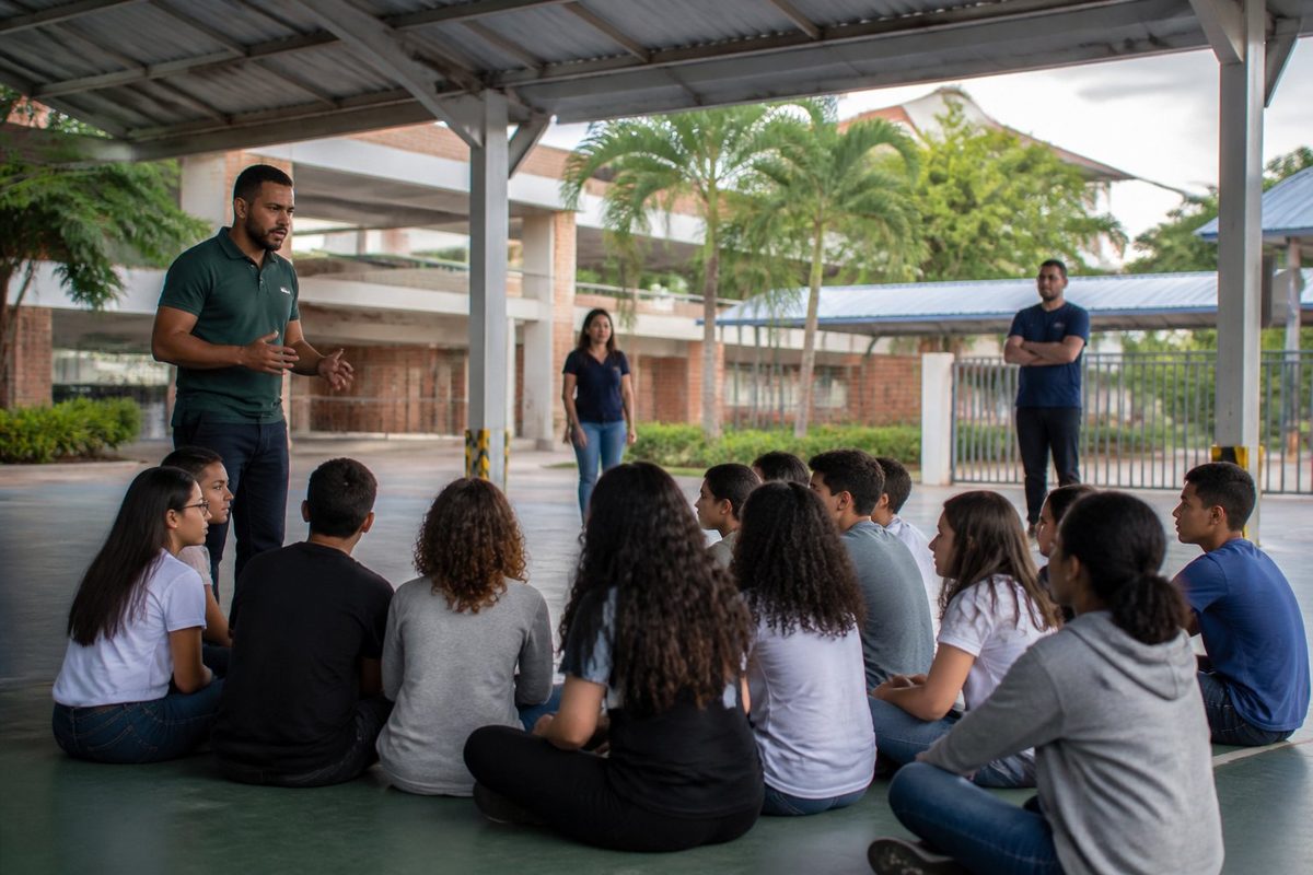 Estudantes e funcionários reunidos com segurança em uma área protegida no pátio de uma escola.