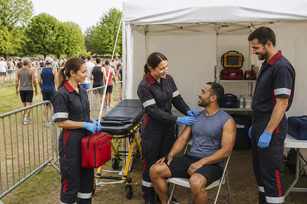 Equipe médica presta atendimento a um participante em uma área protegida de um evento.