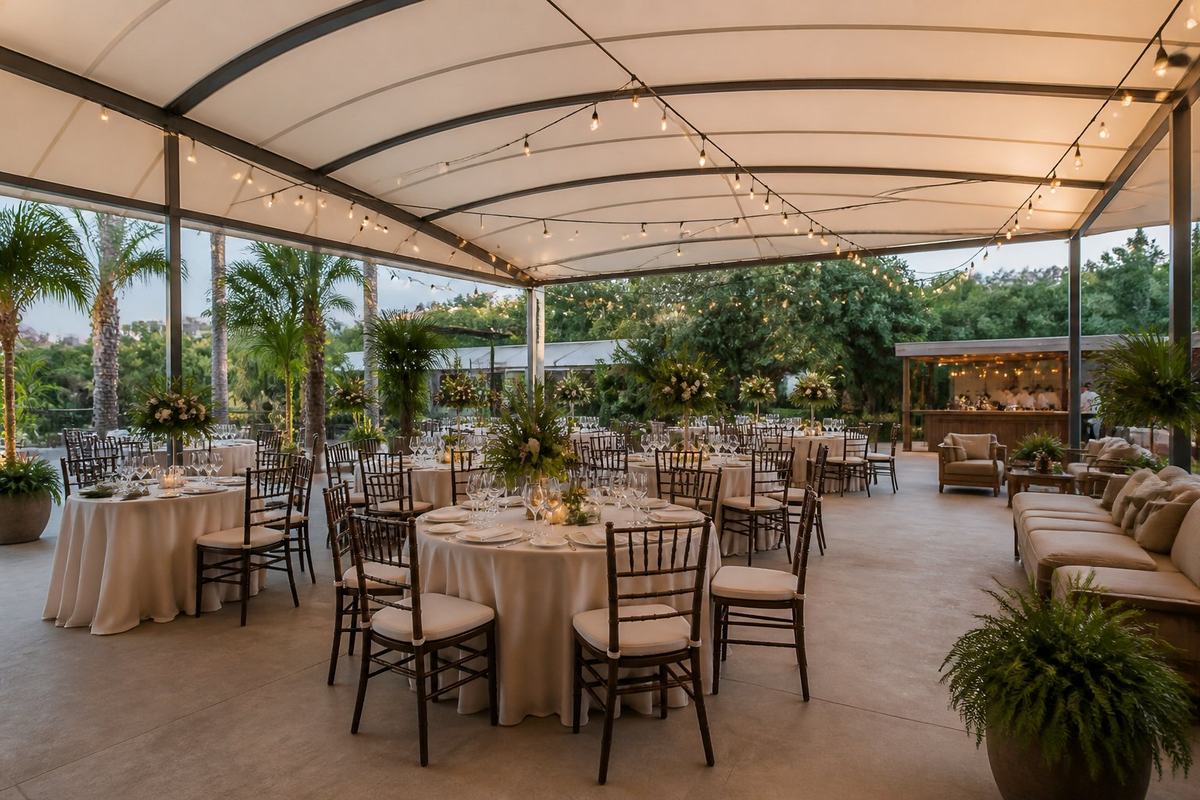 Área externa coberta e organizada para a realização de eventos, com mesas, cadeiras, plantas e iluminação suave.