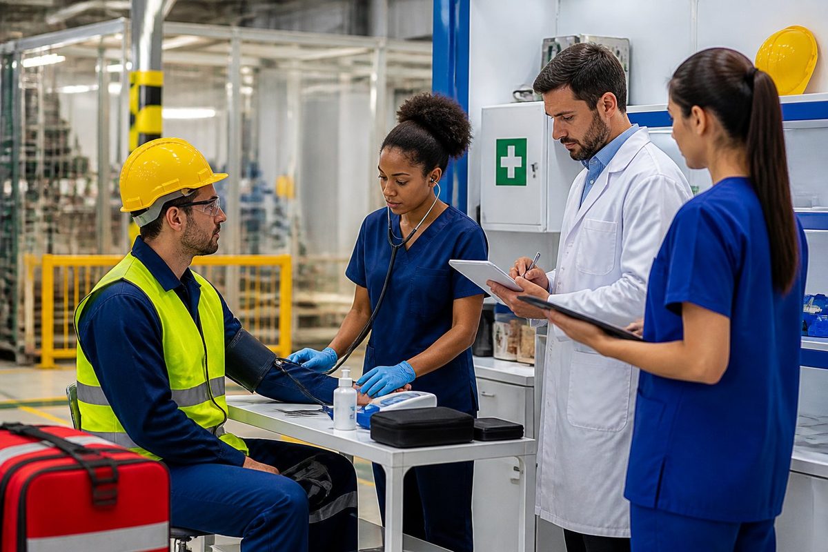 Profissionais de saúde atendem um trabalhador em uma área médica protegida dentro de uma planta industrial.