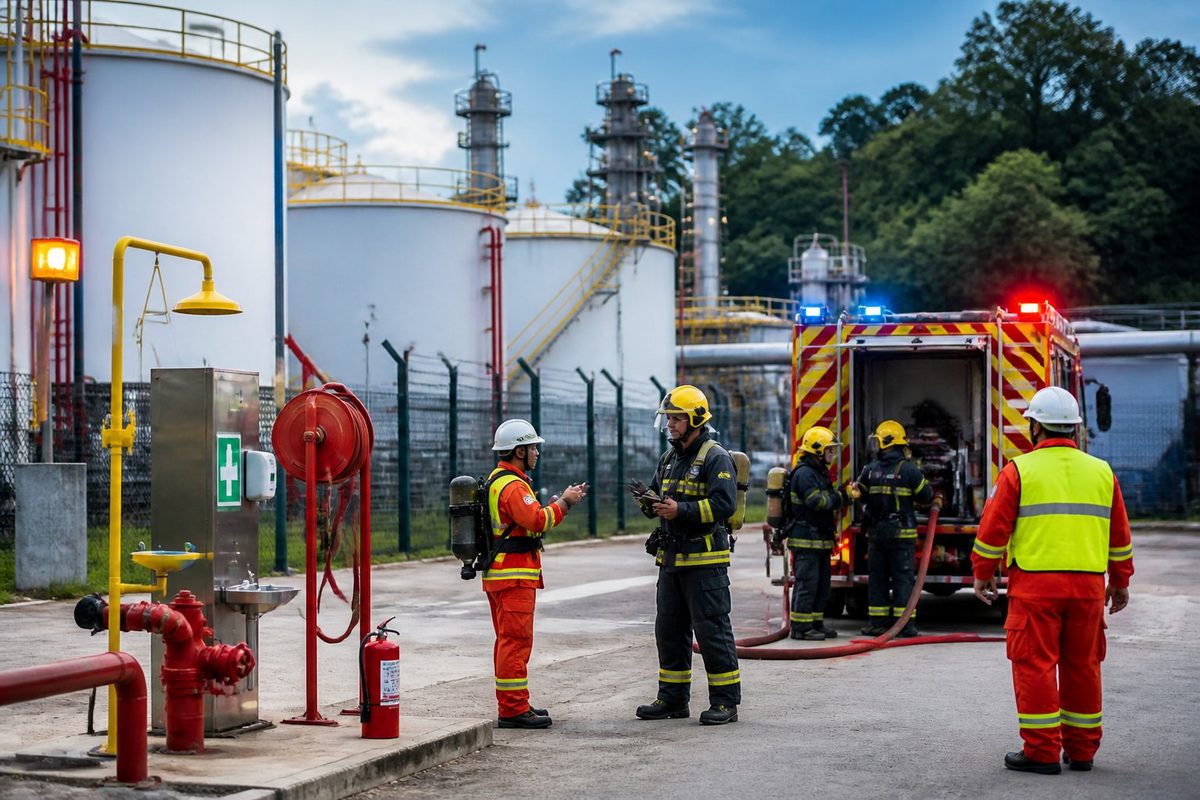 Equipe de emergência atua em uma área industrial protegida com equipamentos de combate a incêndio e primeiros socorros.