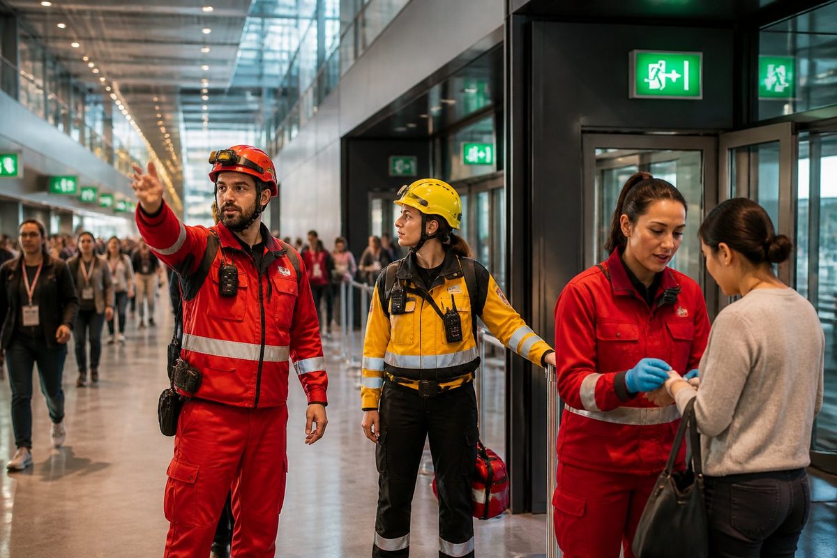 Brigada de emergência orienta o público e verifica a segurança durante um evento.