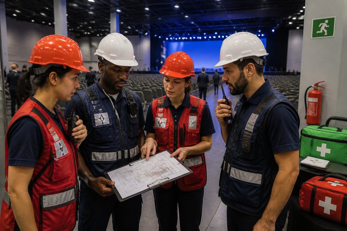 Equipe de brigada de emergência coordenando a segurança em um espaço de eventos.