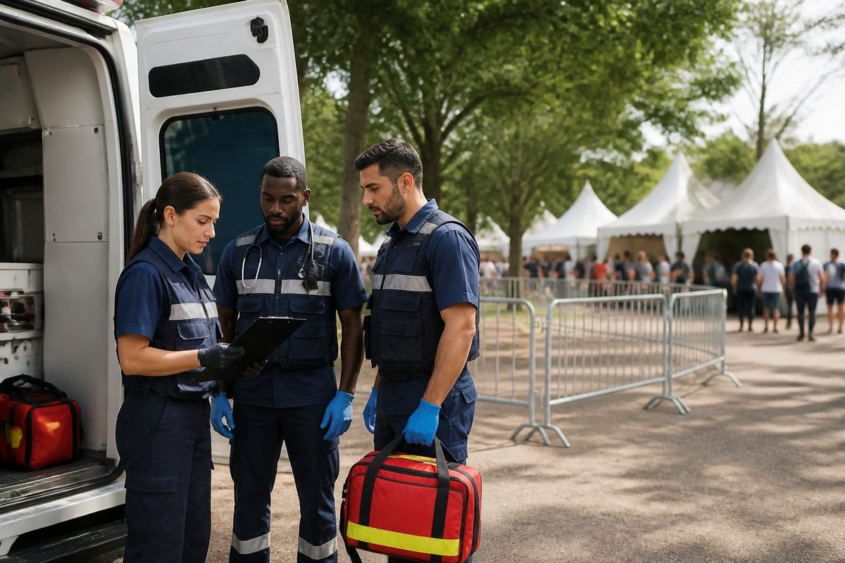 Paramédicos revisam equipamentos ao lado de uma ambulância em um evento ao ar livre.