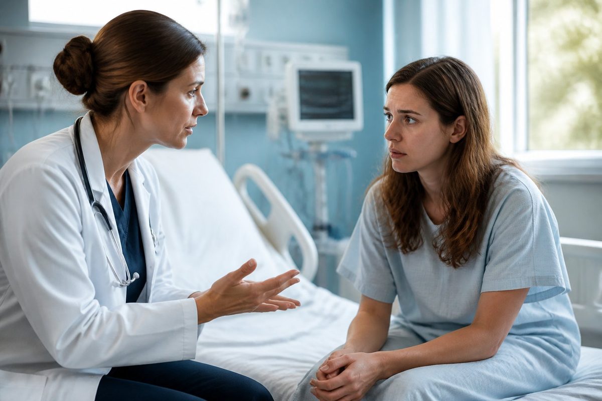 Um profissional de saúde conversando calmamente com um paciente em um quarto de hospital, transmitindo cuidado e atenção.