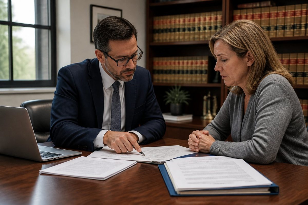Um profissional jurídico conversando com uma pessoa preocupada em um escritório moderno, analisando documentos relacionados à internação involuntária.