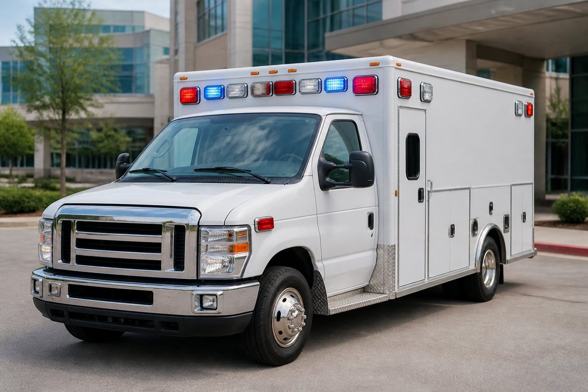 Ambulância moderna estacionada ao ar livre durante o dia, pronta para atendimento de emergência.