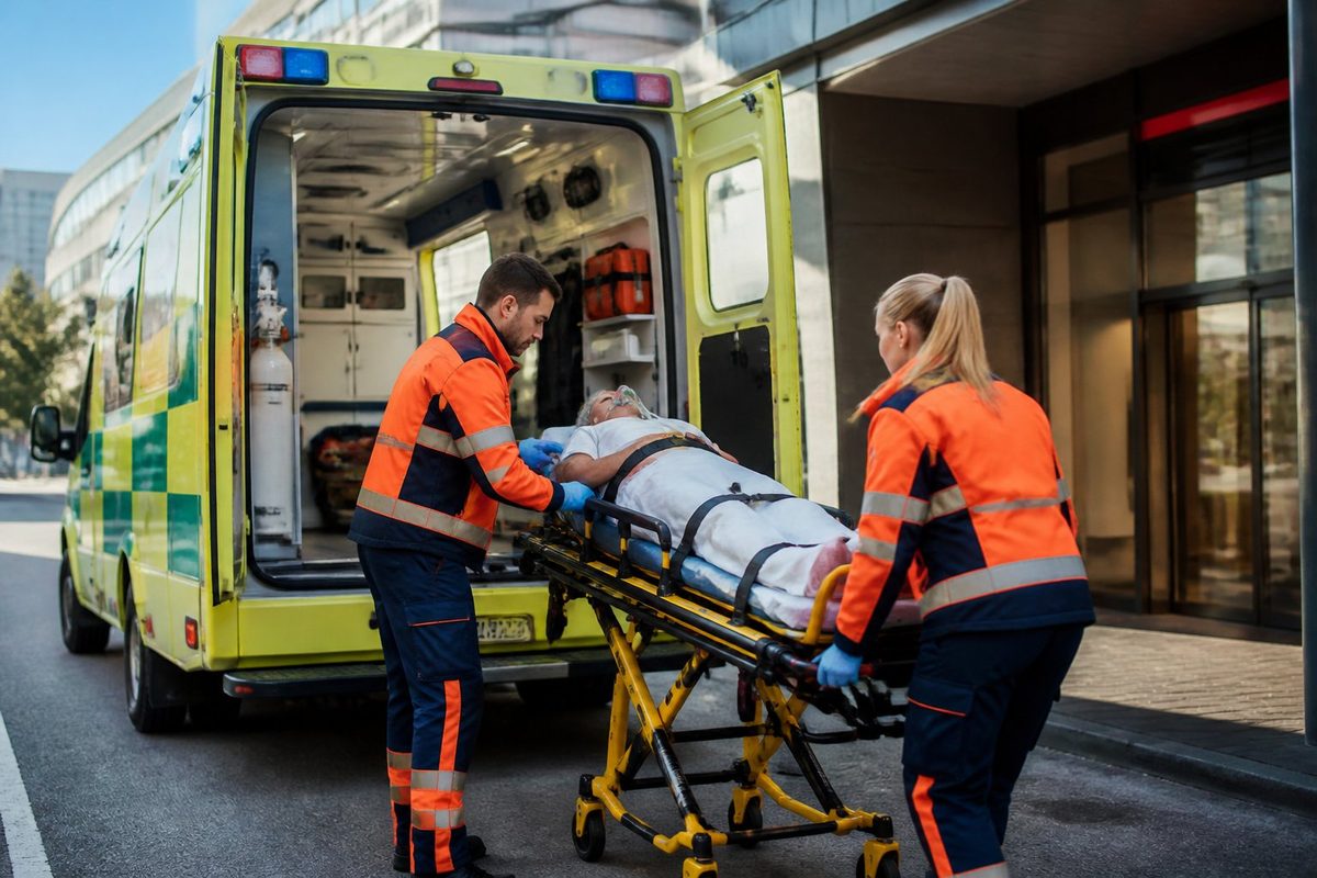 Uma ambulância de emergência com paramédicos atendendo um paciente em uma maca, pronta para transporte urgente.
