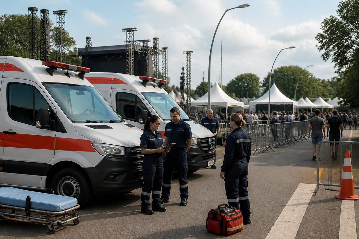 Ambulâncias e profissionais de emergência organizando o atendimento médico em um evento ao ar livre.