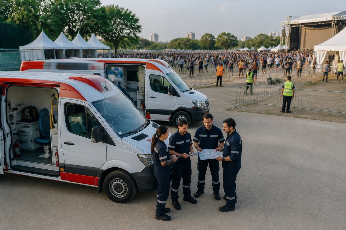 Paramédicos planejam a cobertura médica de um evento ao lado de ambulâncias.