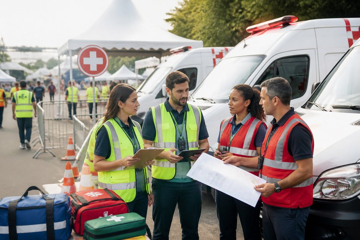 Equipe de segurança e saúde planeja o atendimento médico ao lado de ambulâncias em um evento ao ar livre.