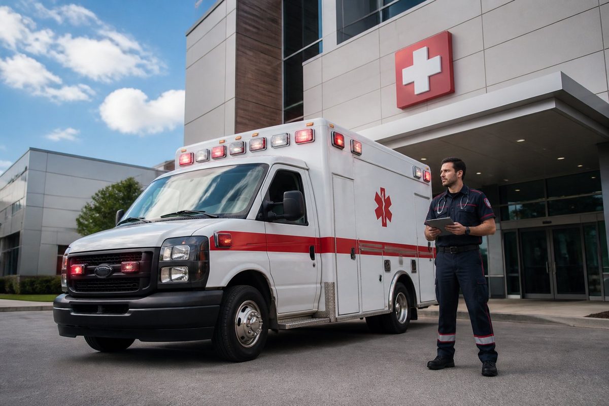 Ambulância particular estacionada em frente a um hospital com um paramédico ao lado, pronto para atendimento.