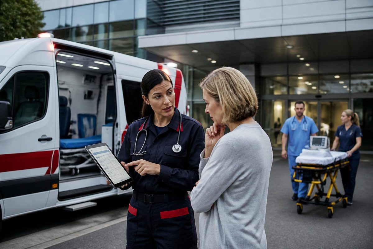 Ambulância particular estacionada em frente a um hospital com um profissional de saúde conversando com um paciente, mostrando informações em um tablet.