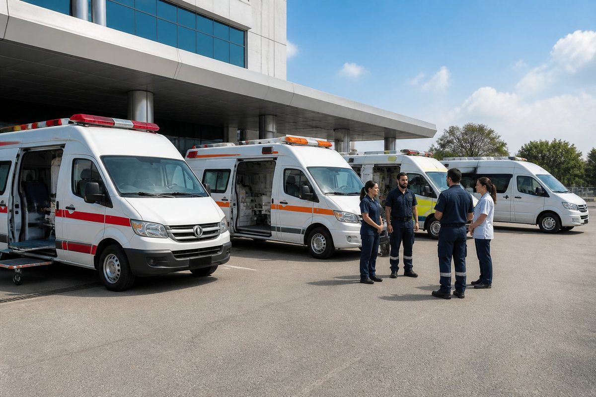 Vários tipos de ambulância estacionadas em frente a um hospital, com profissionais de saúde próximos, em um ambiente claro e ao ar livre.