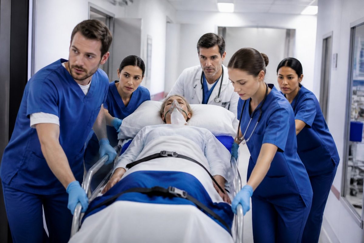 Profissionais de saúde removendo um paciente em uma maca em um corredor de hospital.