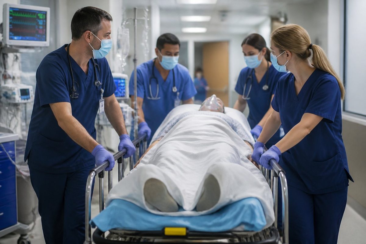 Equipe médica removendo um paciente em uma maca dentro de um hospital.