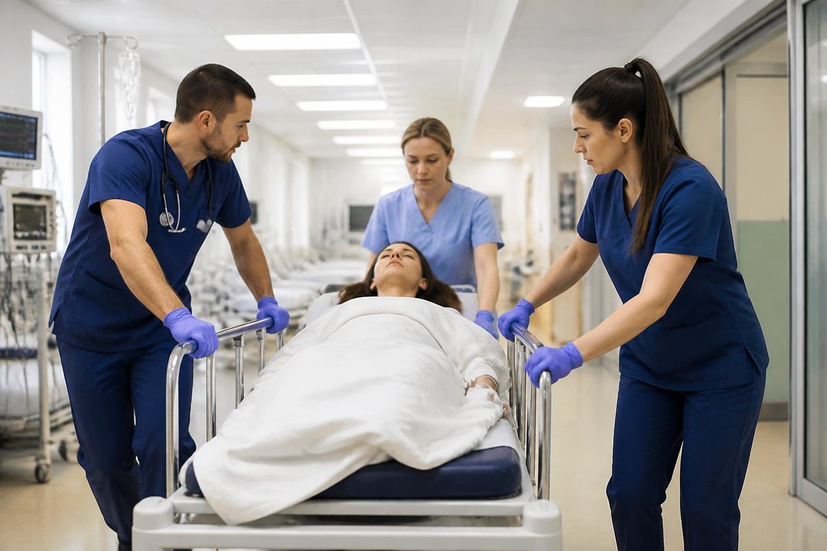 Profissionais de saúde removendo um paciente em uma maca em um corredor de hospital.