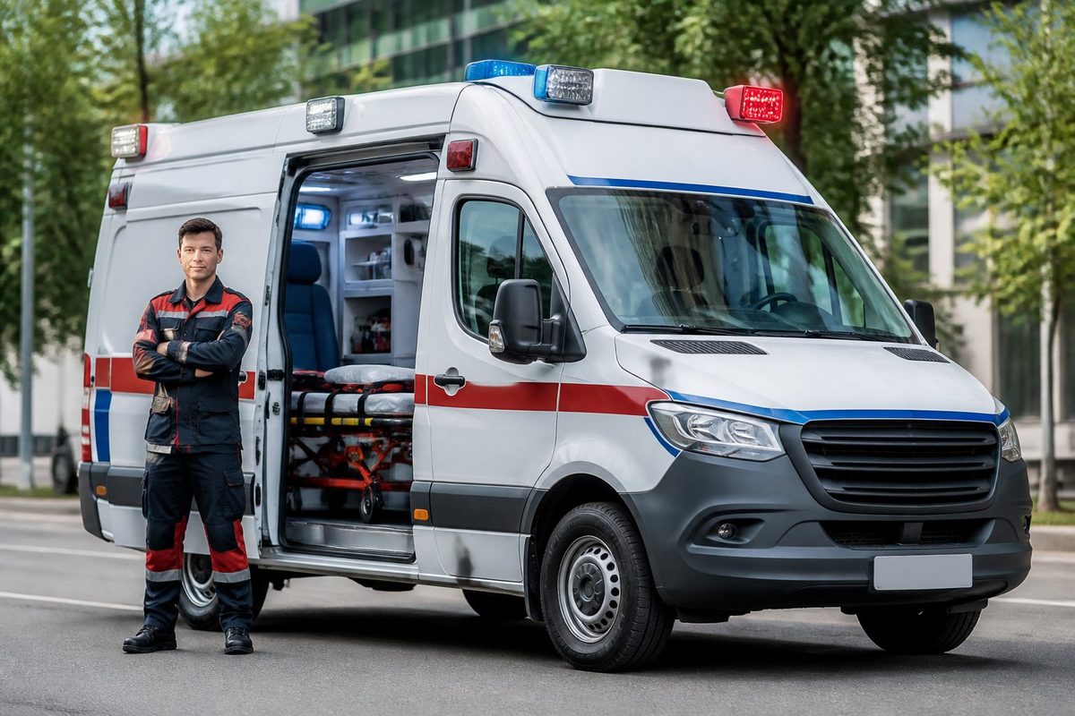 Ambulância moderna para transporte de pacientes estacionada em rua urbana com um paramédico ao lado.