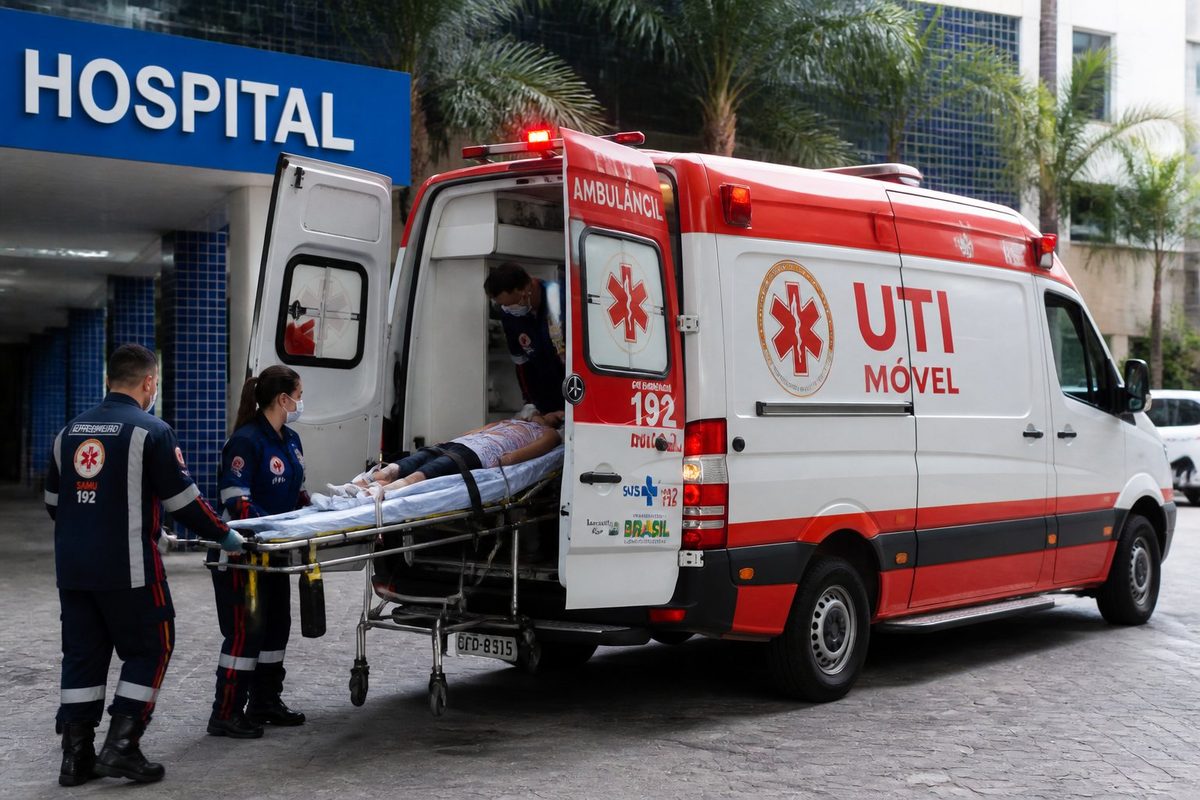 Ambulância moderna estacionada em frente a um hospital, com profissionais de saúde preparando um paciente em uma maca para transporte.