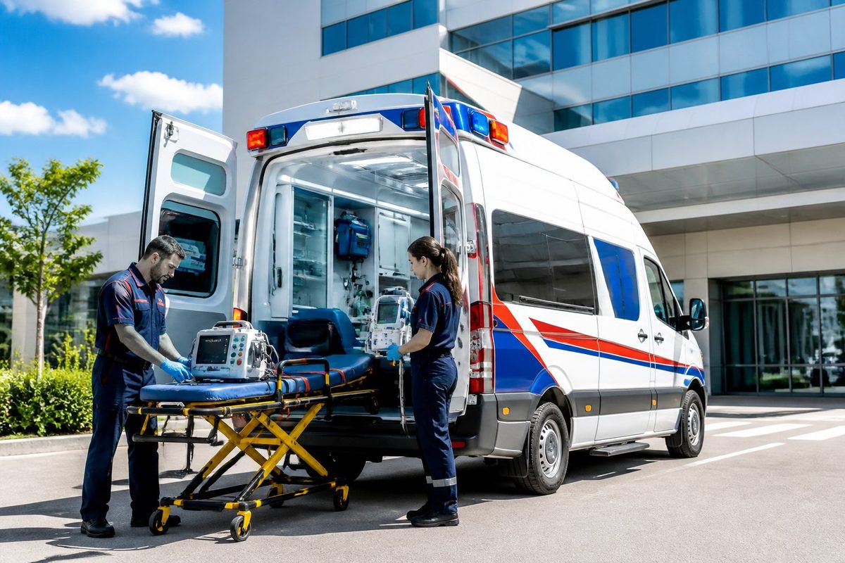 UTI móvel estacionada em frente a um hospital com equipe preparando equipamentos médicos