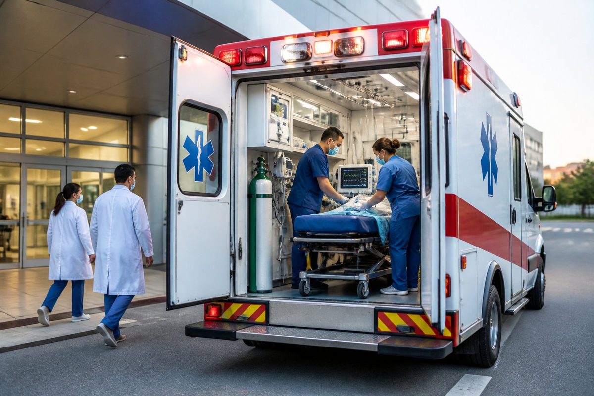 Profissionais de saúde operando equipamentos médicos avançados dentro de uma UTI móvel