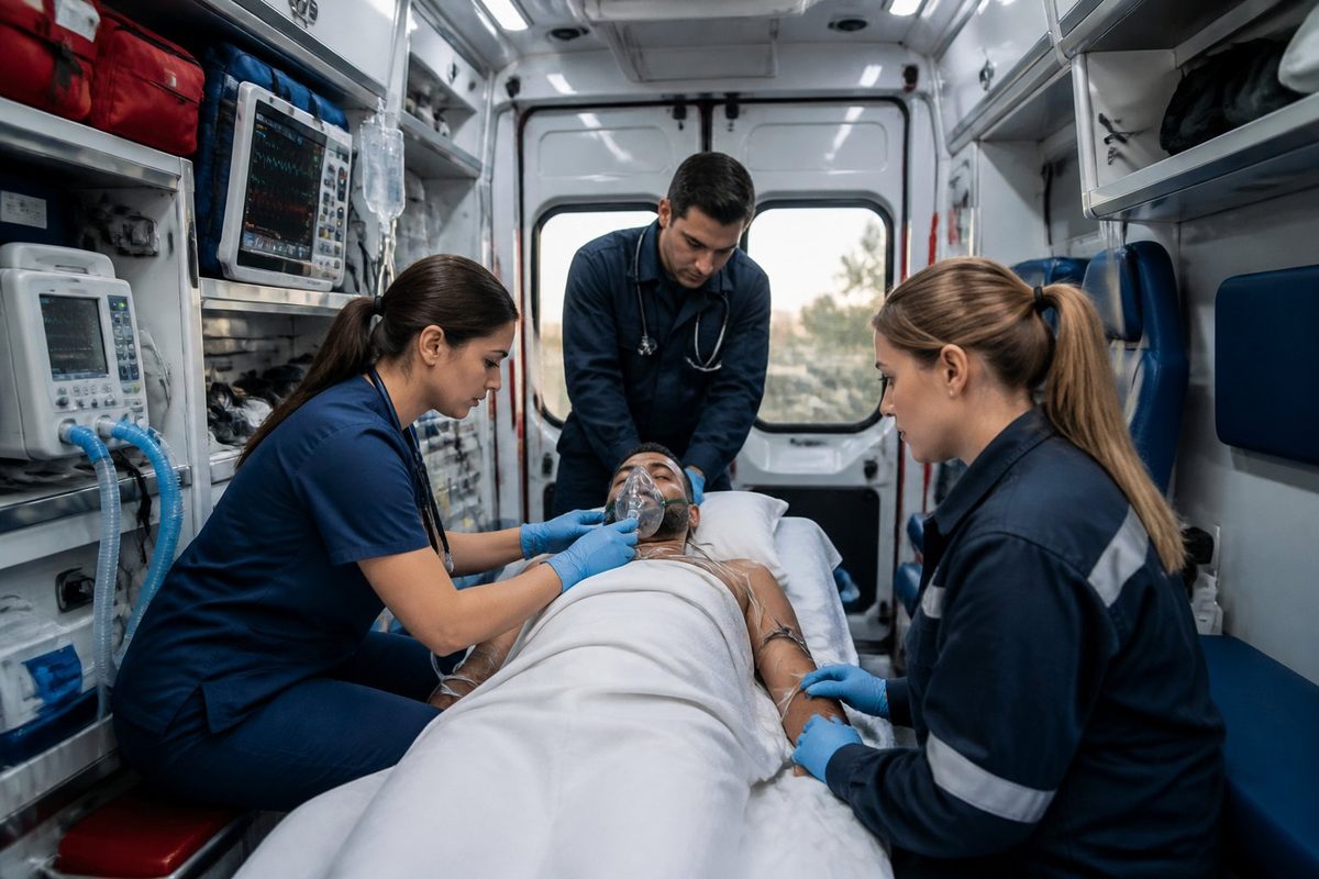 Equipe médica atendendo paciente dentro de uma ambulância equipada como UTI móvel