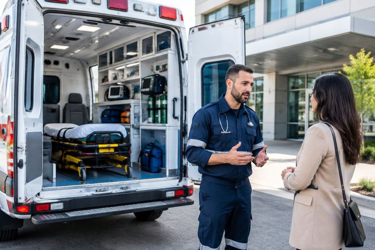 Socorrista conversa com uma familiar ao lado de uma ambulância equipada para atendimento intensivo.