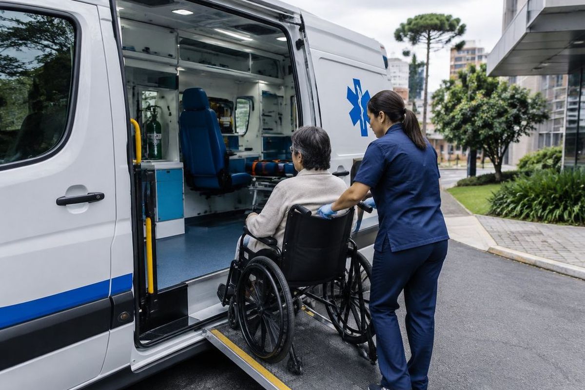 Profissional de saúde ajuda uma pessoa em cadeira de rodas a entrar na ambulância pela rampa.