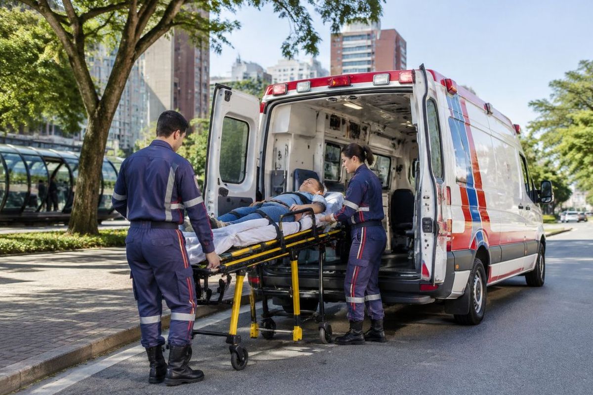 Equipe de ambulância acomoda um paciente em maca dentro do veículo, em uma rua arborizada. Equipe de ambulância acomoda um paciente em maca dentro do veículo, em uma rua arborizada.