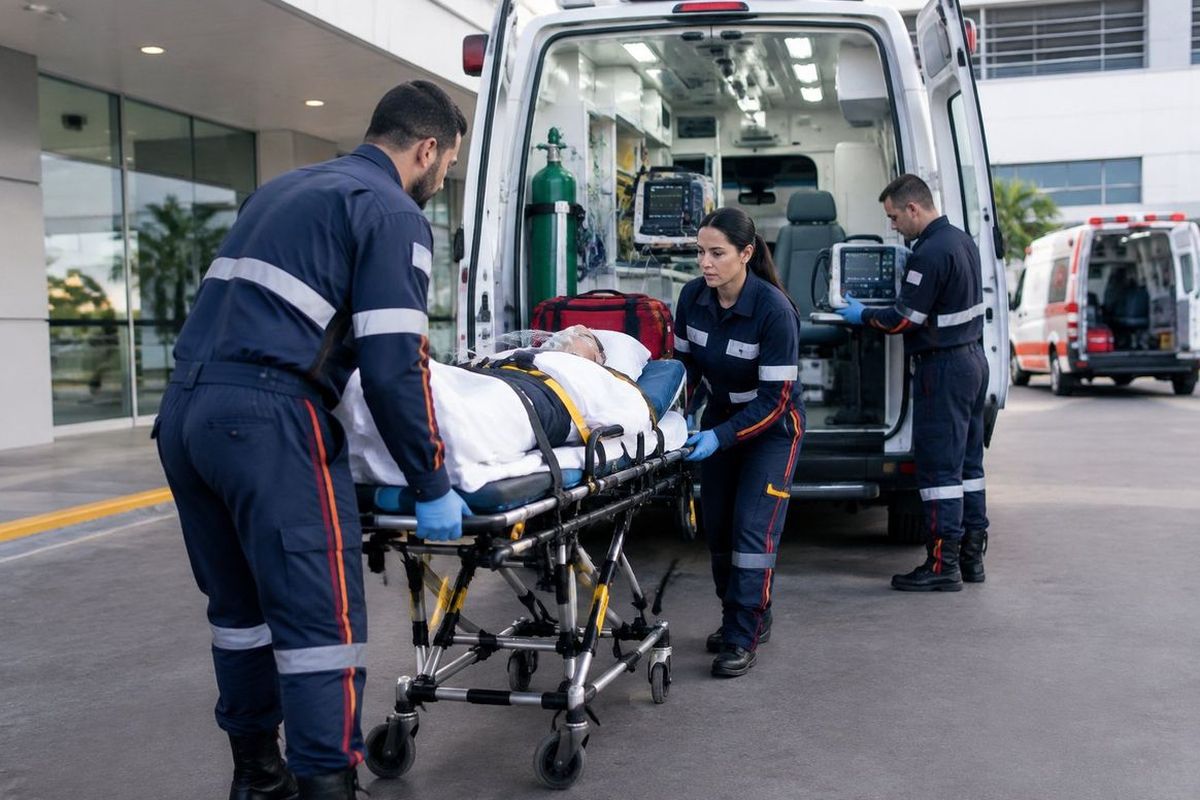 Socorristas levam um paciente em maca até uma ambulância diante de um hospital.