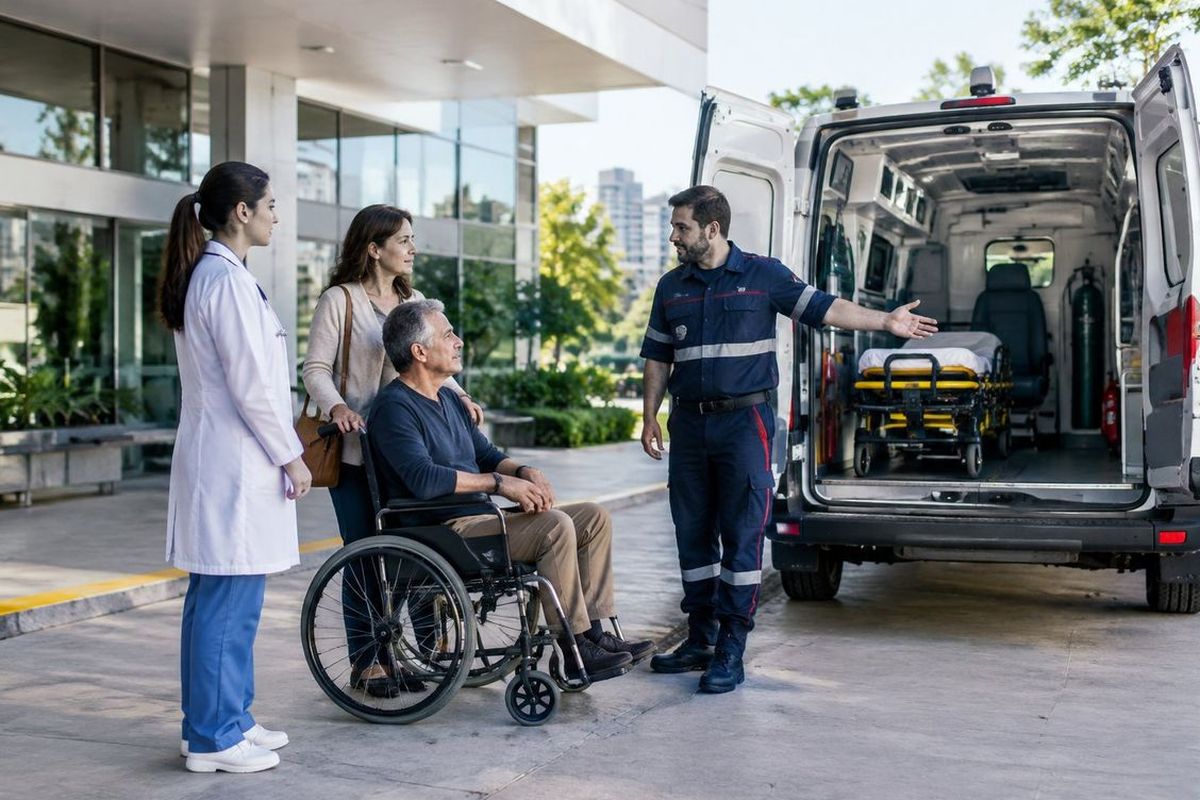 Equipe de saúde leva um paciente em maca até a ambulância, acompanhada por familiares.