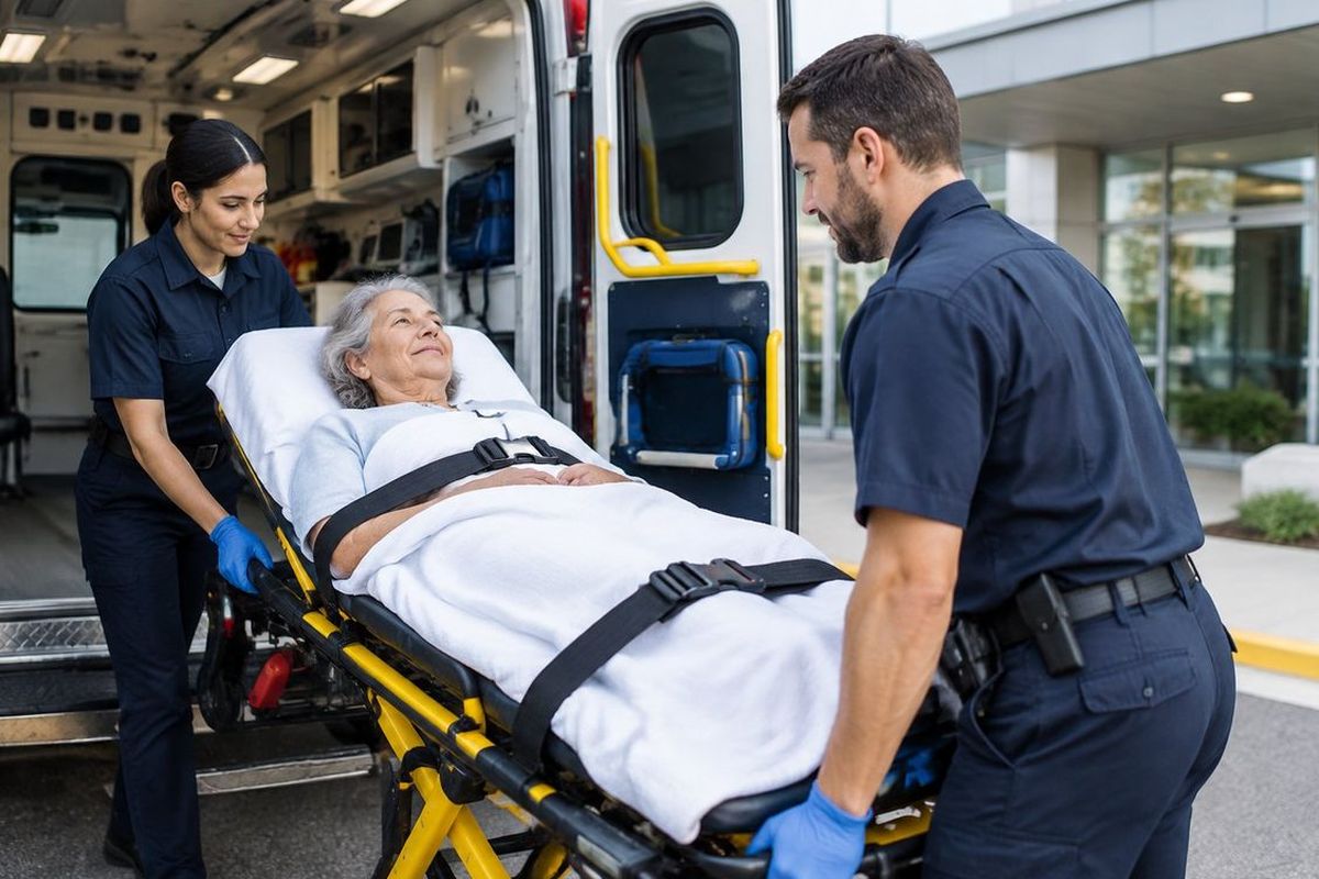 Profissionais de ambulância conduzem uma paciente idosa em maca até o veículo.