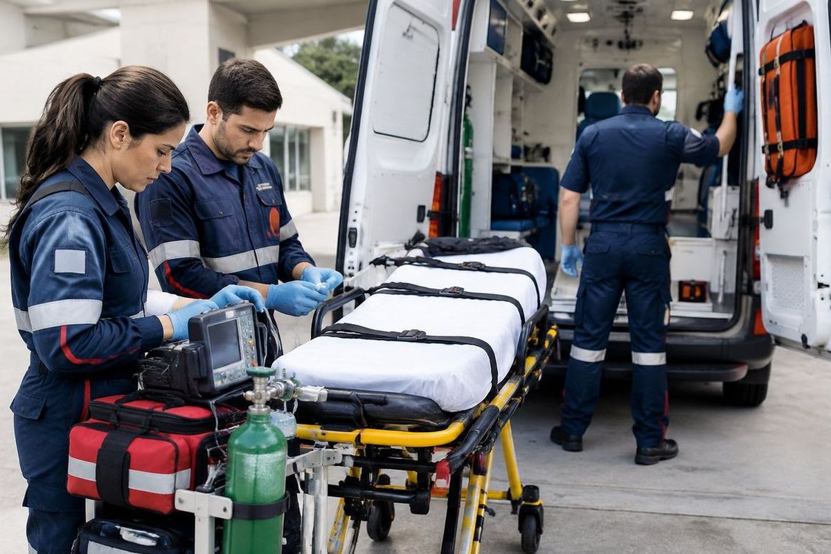 Profissionais de saúde conferem os equipamentos e a maca antes de uma remoção em ambulância.