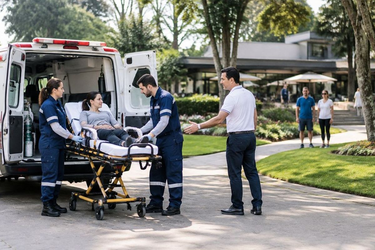 Profissionais de saúde atendem uma pessoa em uma maca ao lado de uma ambulância.