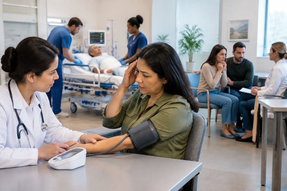 Profissional de saúde avalia uma pessoa com aparelho de pressão enquanto outra equipe atende pacientes em situações diferentes.