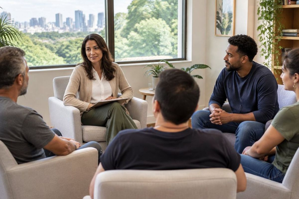 Adultos conversam em grupo com uma profissional de saúde em uma sala acolhedora. Adultos conversam em grupo com uma profissional de saúde em uma sala acolhedora.