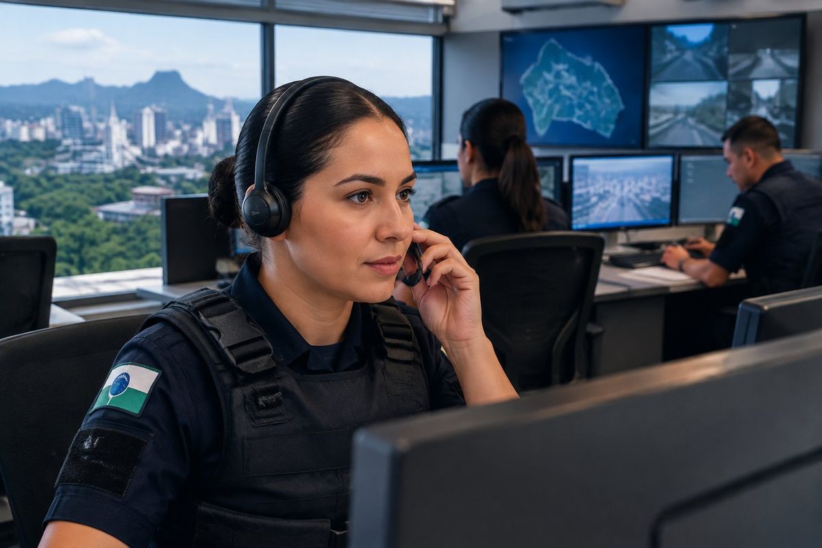 Uma policial atende uma chamada de emergência enquanto colegas trabalham em uma central.