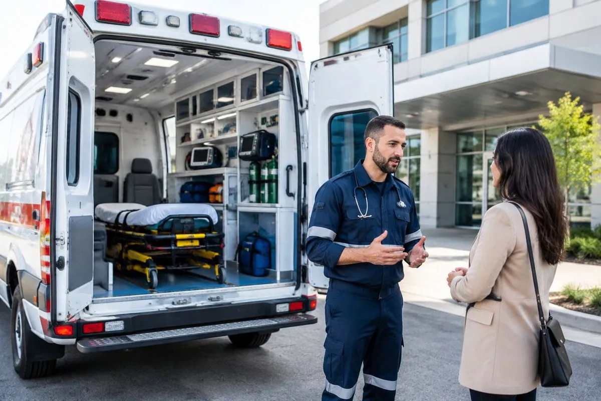 Uma ambulância equipada para atendimento intensivo estacionada em frente a um hospital, com um paramédico conversando com uma pessoa.