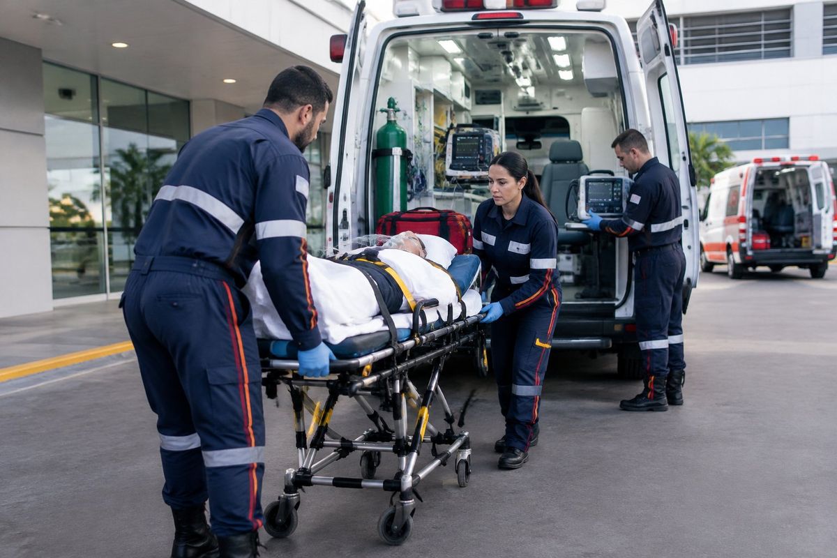 Paramédicos preparam uma ambulância equipada para transportar um paciente em maca.