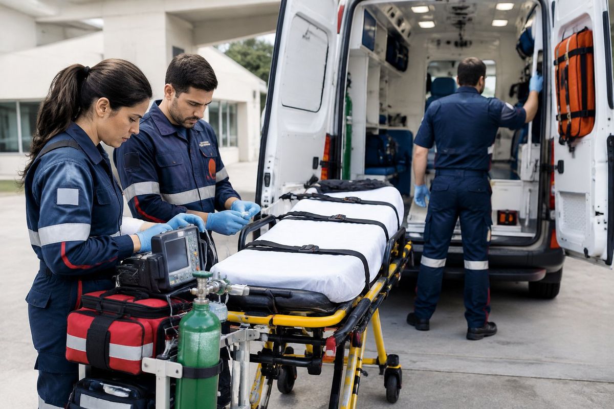 Profissionais de saúde preparam uma ambulância UTI móvel e conferem equipamentos médicos.