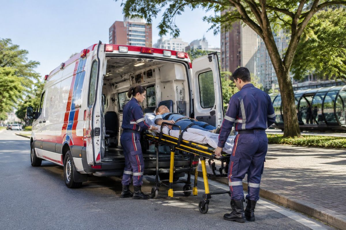 Uma ambulância e profissionais de saúde atendem uma pessoa em uma rua arborizada de Curitiba.