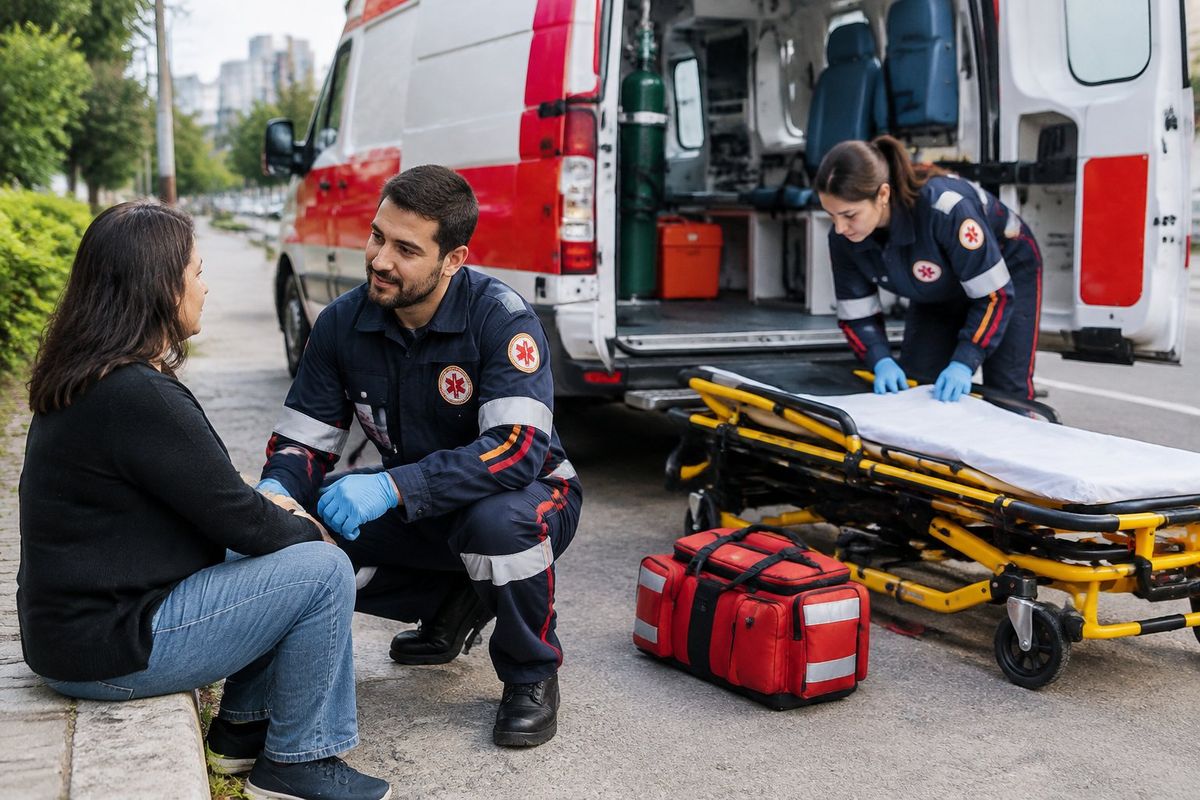 Socorristas atendem uma pessoa ao lado de uma ambulância em Curitiba.
