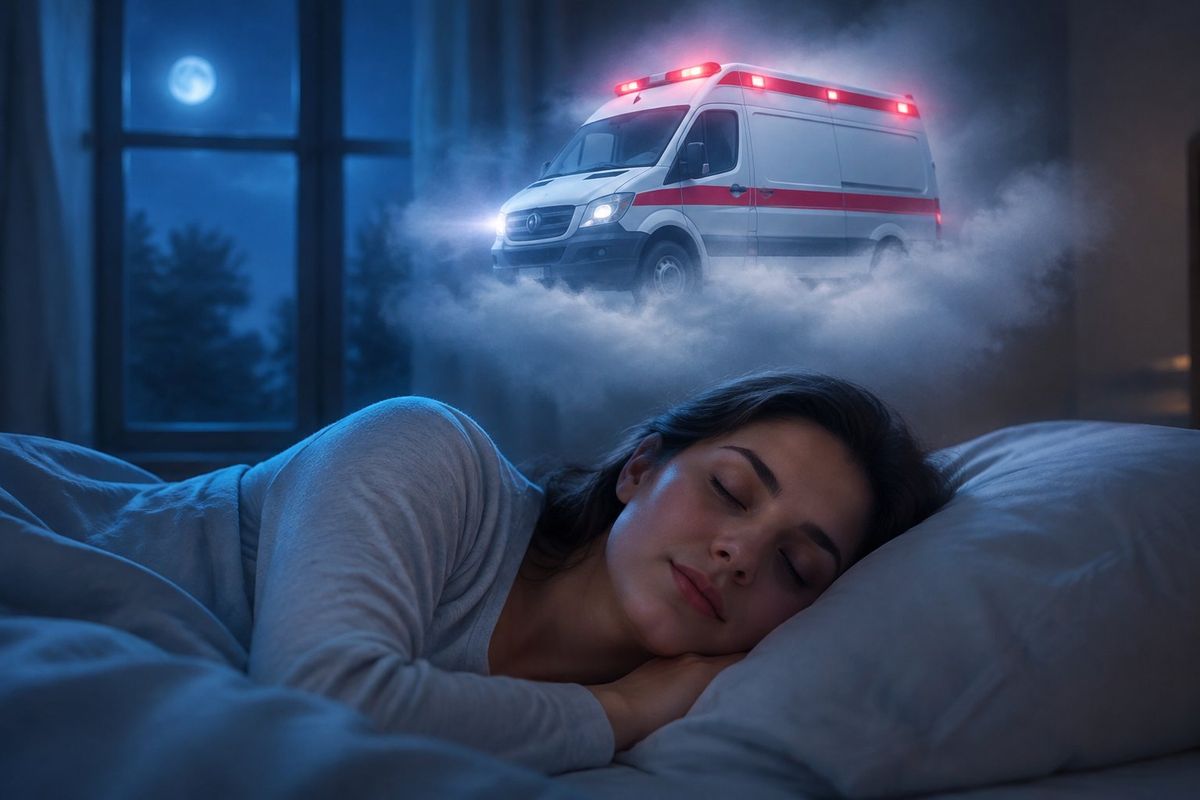 Uma pessoa dorme tranquilamente enquanto uma ambulância flutua em um sonho.