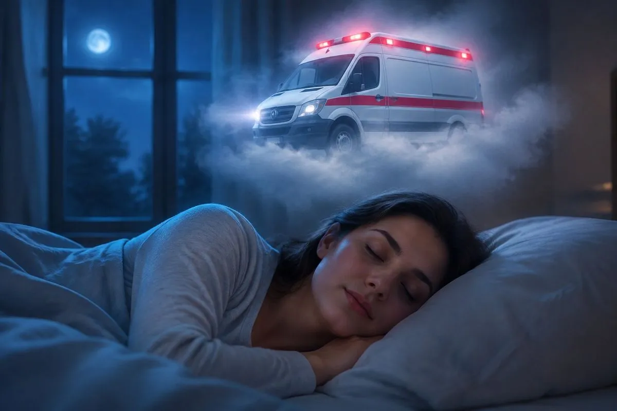 Uma pessoa dorme tranquilamente enquanto uma ambulância flutua em um sonho.