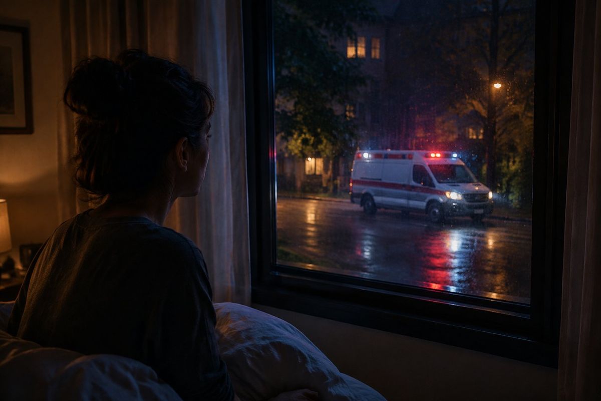 Uma pessoa sentada na cama observa uma ambulância parada na rua à noite.