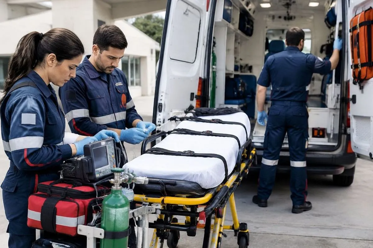 Profissionais de saúde conferem equipamentos de terapia intensiva antes de transportar um paciente.