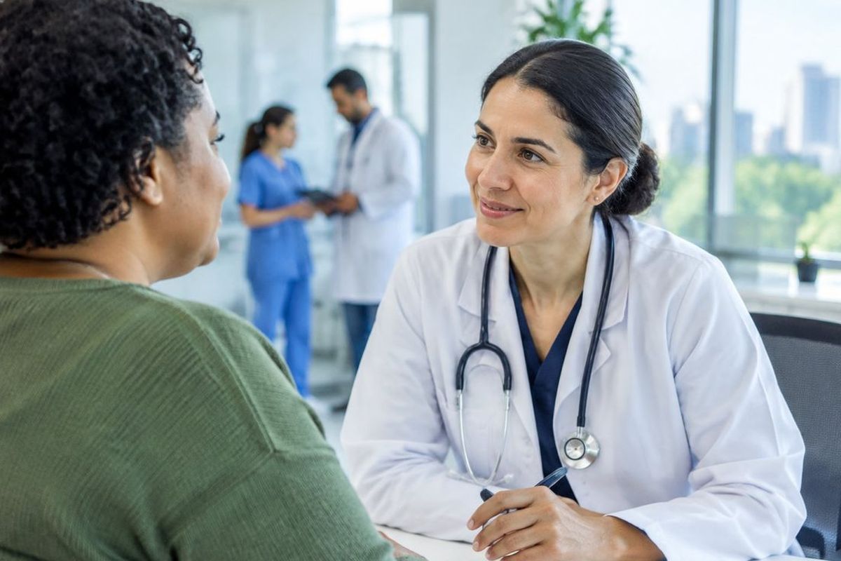 Profissional de saúde conversa com uma pessoa em uma sala de atendimento hospitalar.